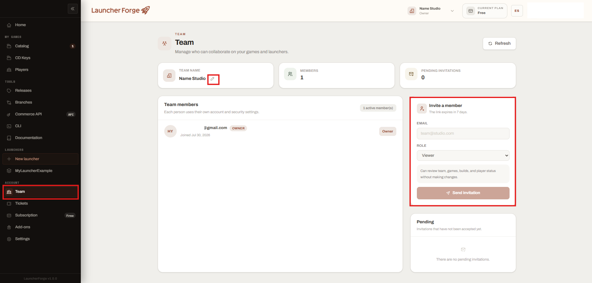 Launcher Forge Team page with the team name, members, invitation form, and pending invitations