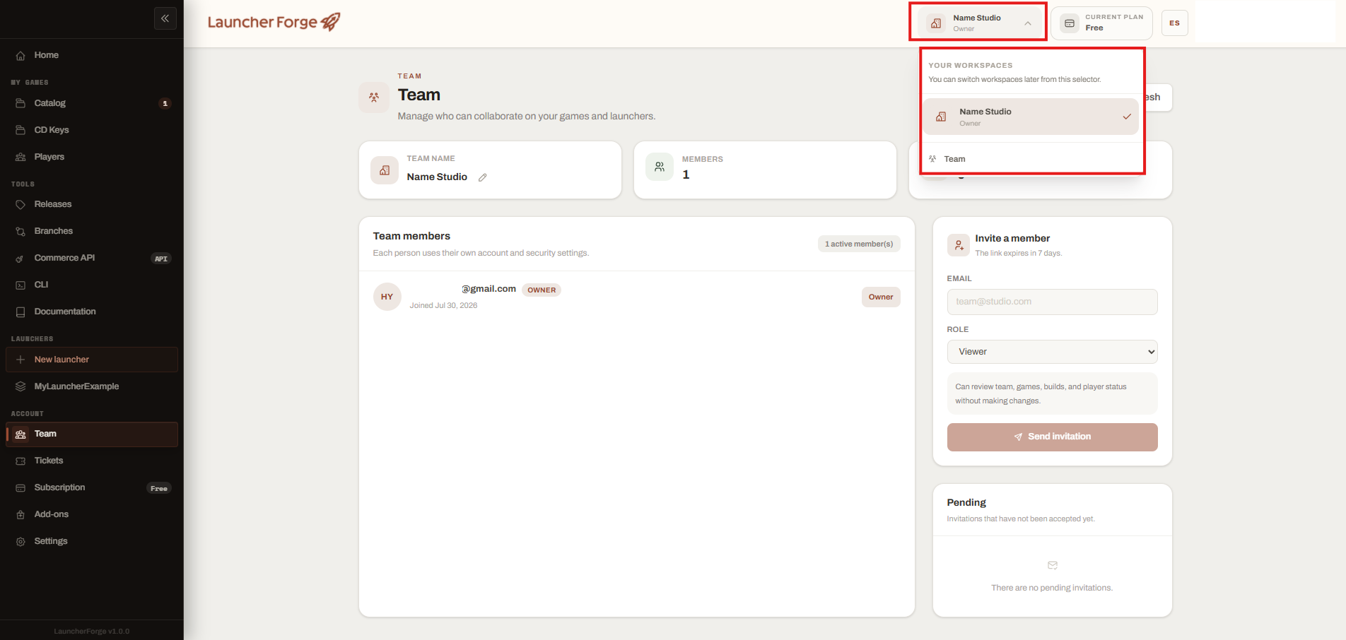 Launcher Forge workspace selector showing the active workspace and Team navigation
