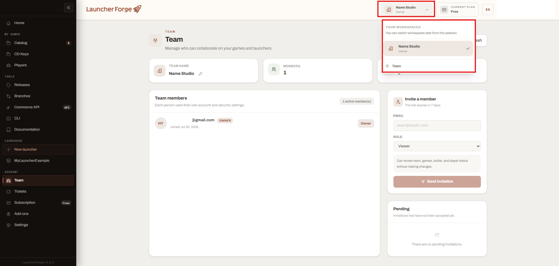Launcher Forge workspace selector showing the active workspace and Team navigation