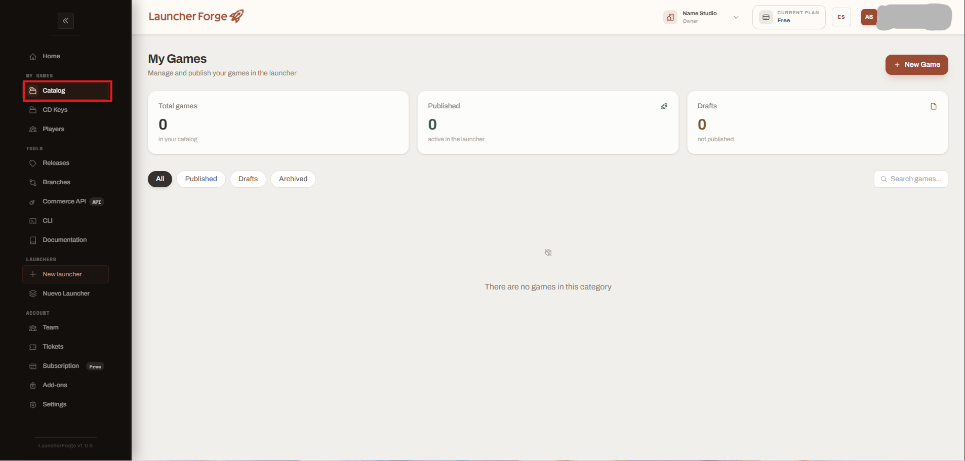 Launcher Forge Catalog with the New Game button highlighted