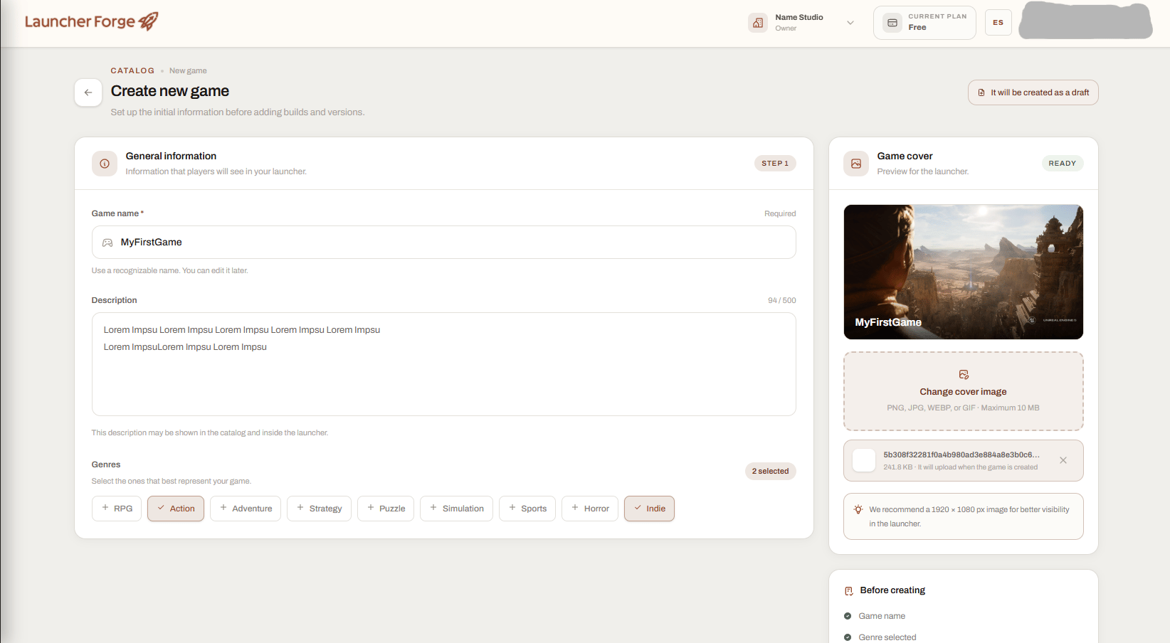 Launcher Forge Create new game page with game name, description, genres, and cover fields