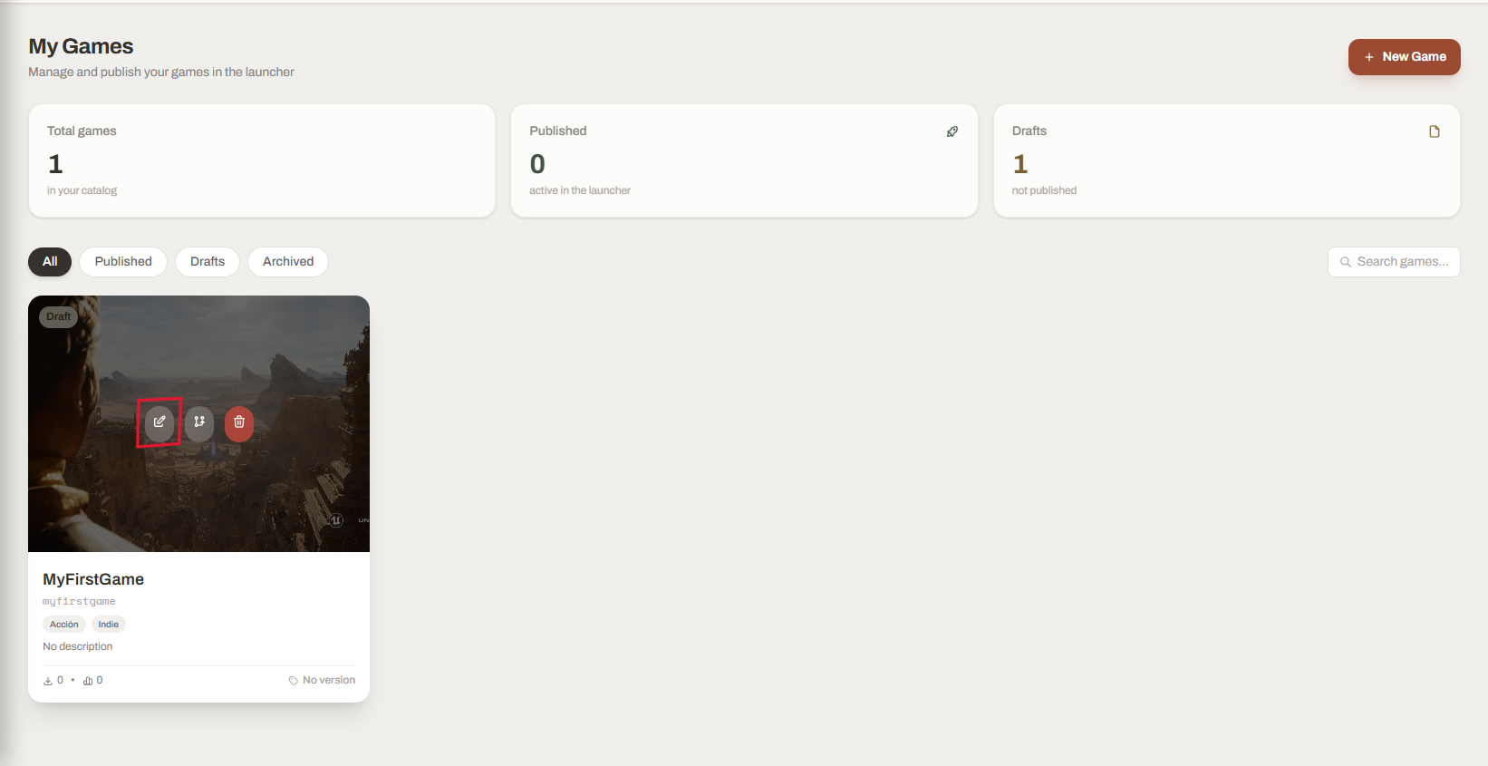 Draft game card in Launcher Forge with the Edit game button highlighted
