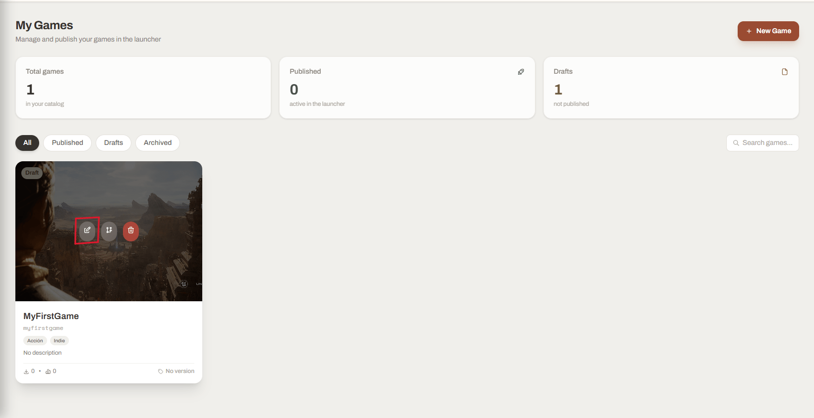 Draft game card in Launcher Forge with the Edit game button highlighted