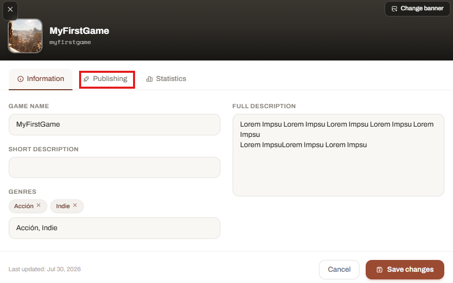 Launcher Forge Publishing tab with Published and Save changes highlighted