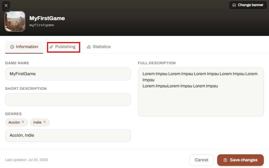 Launcher Forge Publishing tab with Published and Save changes highlighted