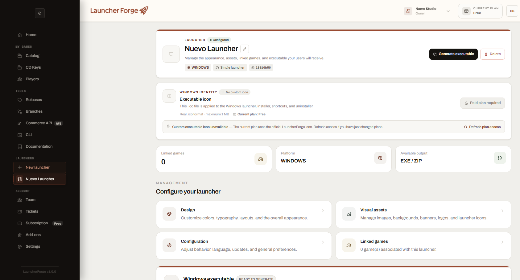 Launcher Forge management page for a newly created launcher