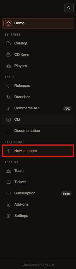 Launcher Forge sidebar with the New launcher option highlighted