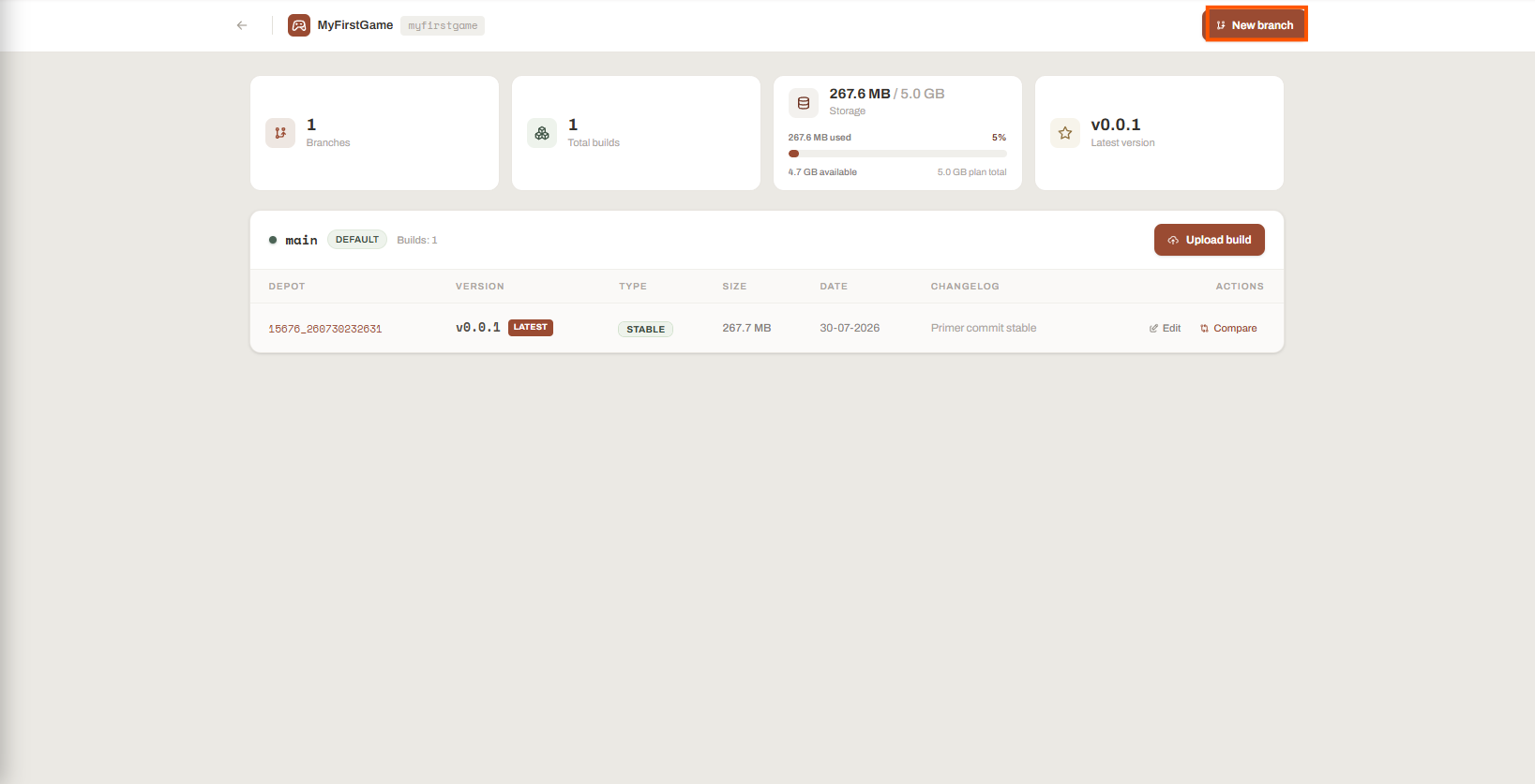 Launcher Forge branch overview showing builds, storage, and latest version