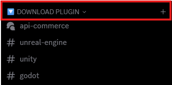 Discord DOWNLOAD PLUGIN category with channels for Unreal Engine, Unity, and Godot
