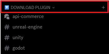 Discord DOWNLOAD PLUGIN category with channels for Unreal Engine, Unity, and Godot