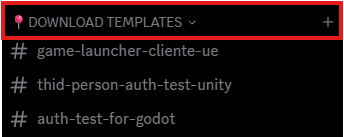 Discord DOWNLOAD TEMPLATES category with sample projects for Unreal Engine, Unity, and Godot