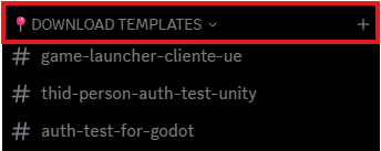 Discord DOWNLOAD TEMPLATES category with sample projects for Unreal Engine, Unity, and Godot