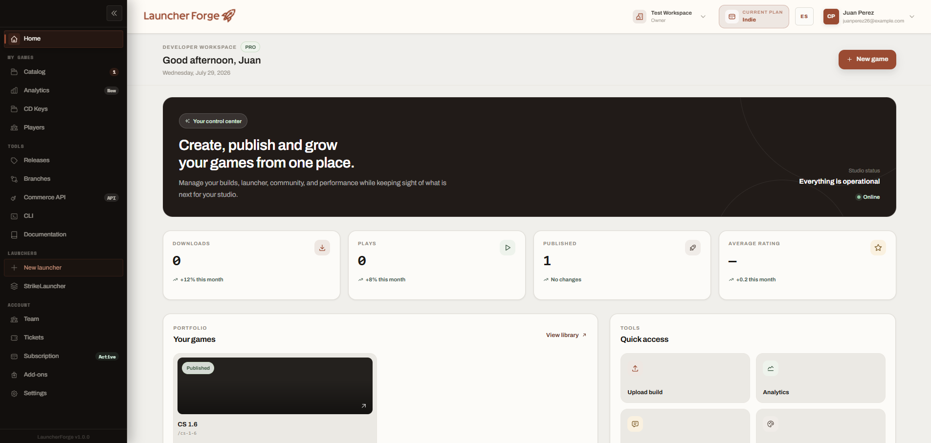 Launcher Forge dashboard