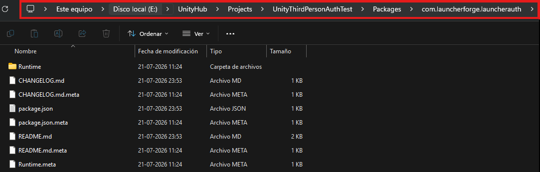 File Explorer showing com.launcherforge.launcherauth inside Packages
