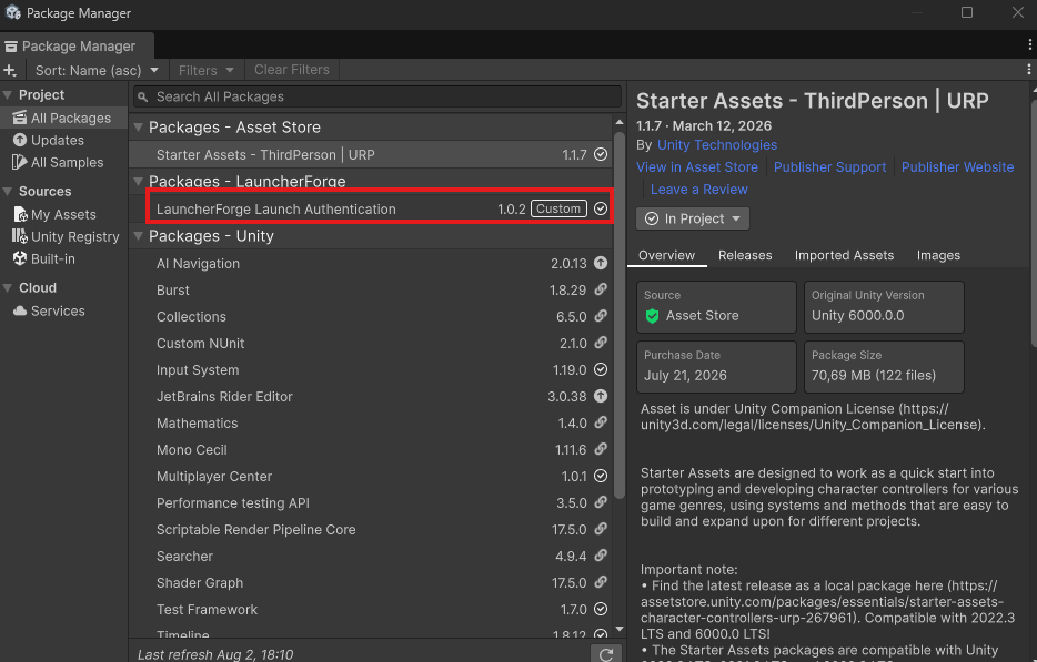 Unity Package Manager showing LauncherForge Launch Authentication 1.0.2