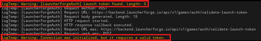 Output Log showing Length 0 and the required-token warning