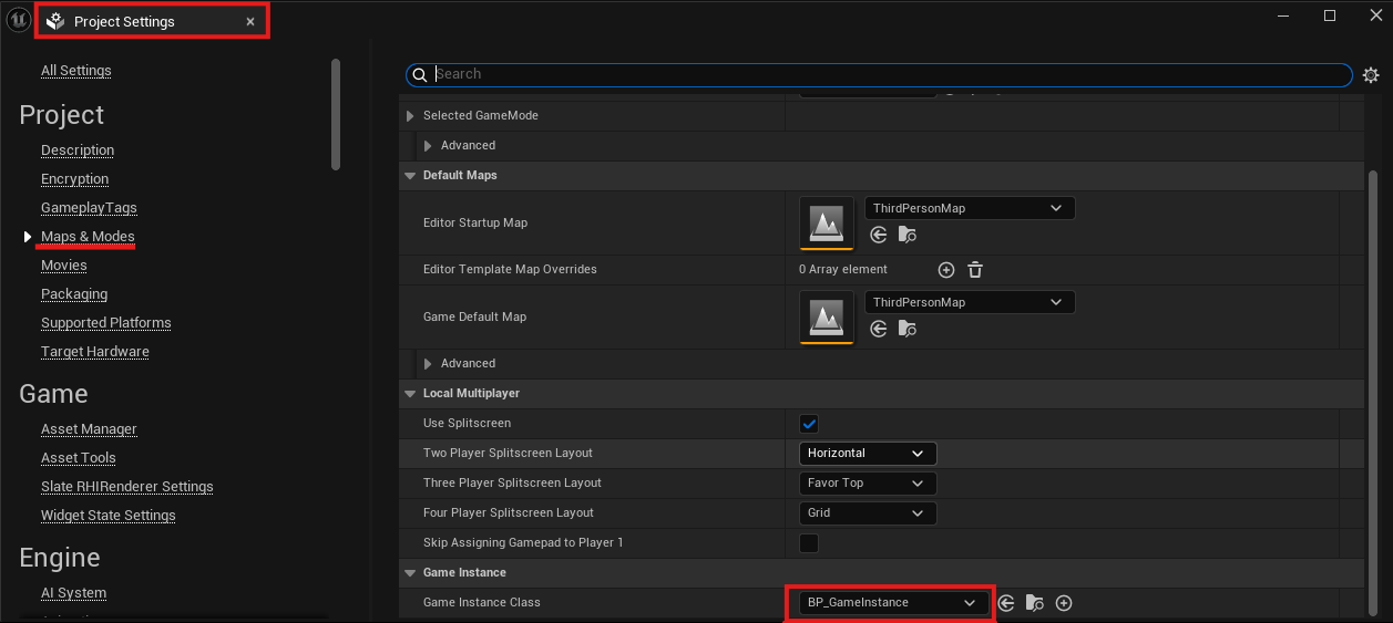 Project Settings showing BP_GameInstance as Game Instance Class