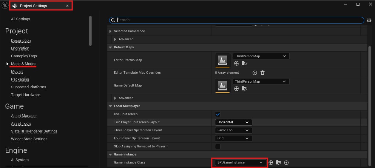 Project Settings showing BP_GameInstance as Game Instance Class