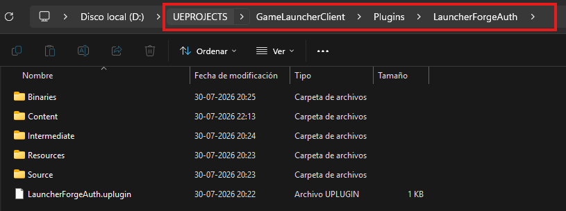 LauncherForgeAuth installed inside the project Plugins directory
