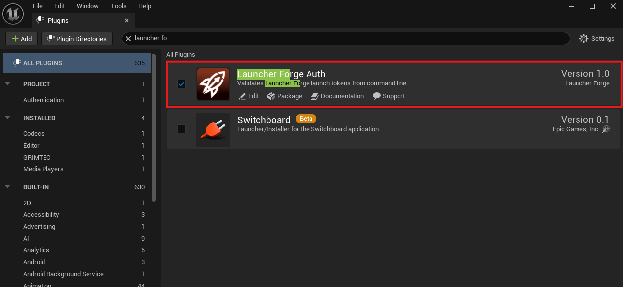 Plugin Browser showing Launcher Forge Auth enabled
