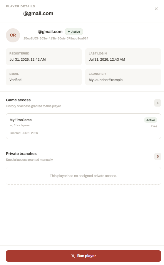 Launcher Forge player details showing an active verified account with game access and Ban player action