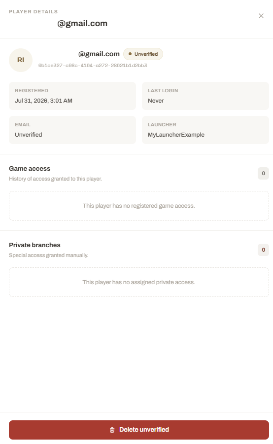 Launcher Forge player details showing an unverified account with no game or private branch access