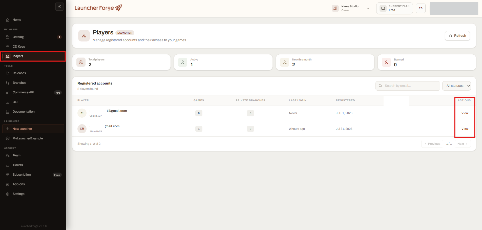 Launcher Forge Players page with registered player accounts and View actions