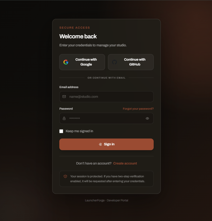Launcher Forge registration options with Google and GitHub