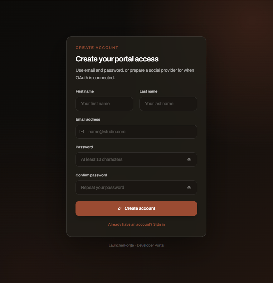 Launcher Forge manual account registration form