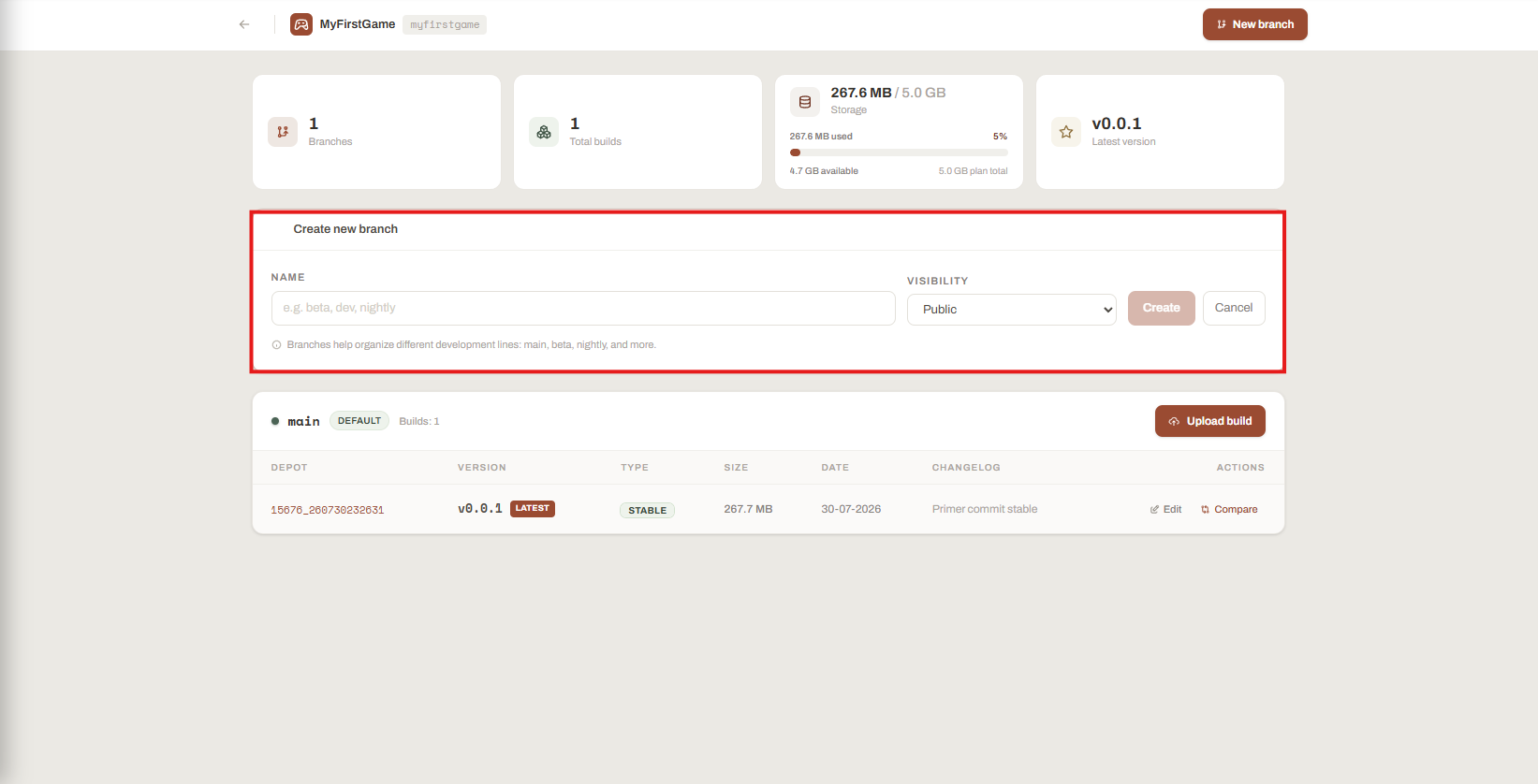 Launcher Forge Create new branch form with name and visibility fields