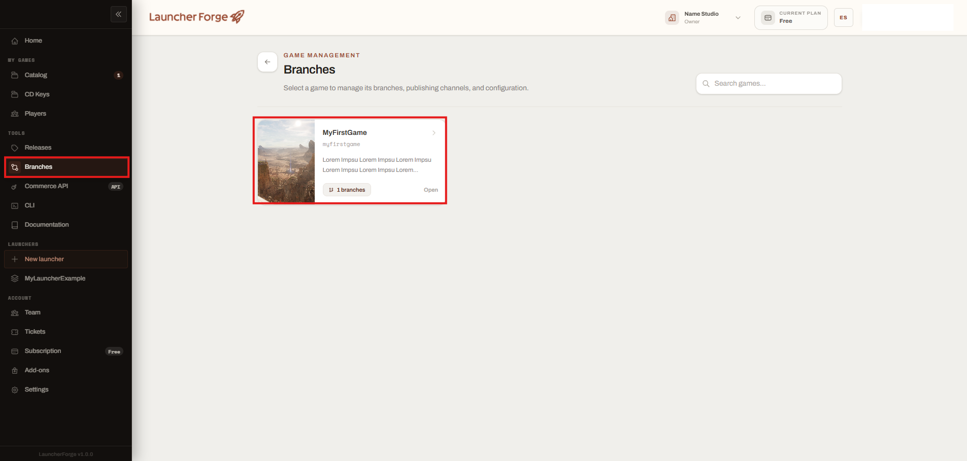 Launcher Forge Branches page with a game card selected