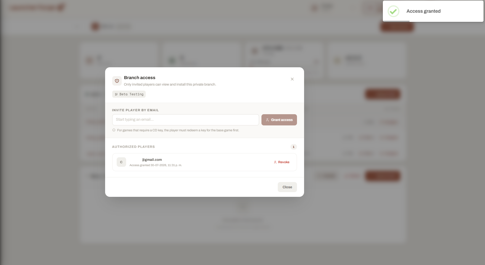 Launcher Forge Branch access dialog showing an authorized player and Revoke action