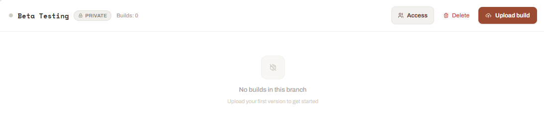 Launcher Forge private branch with Access, Delete, and Upload build actions