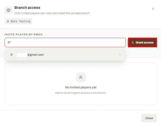 Launcher Forge Branch access dialog with player search and Grant access button