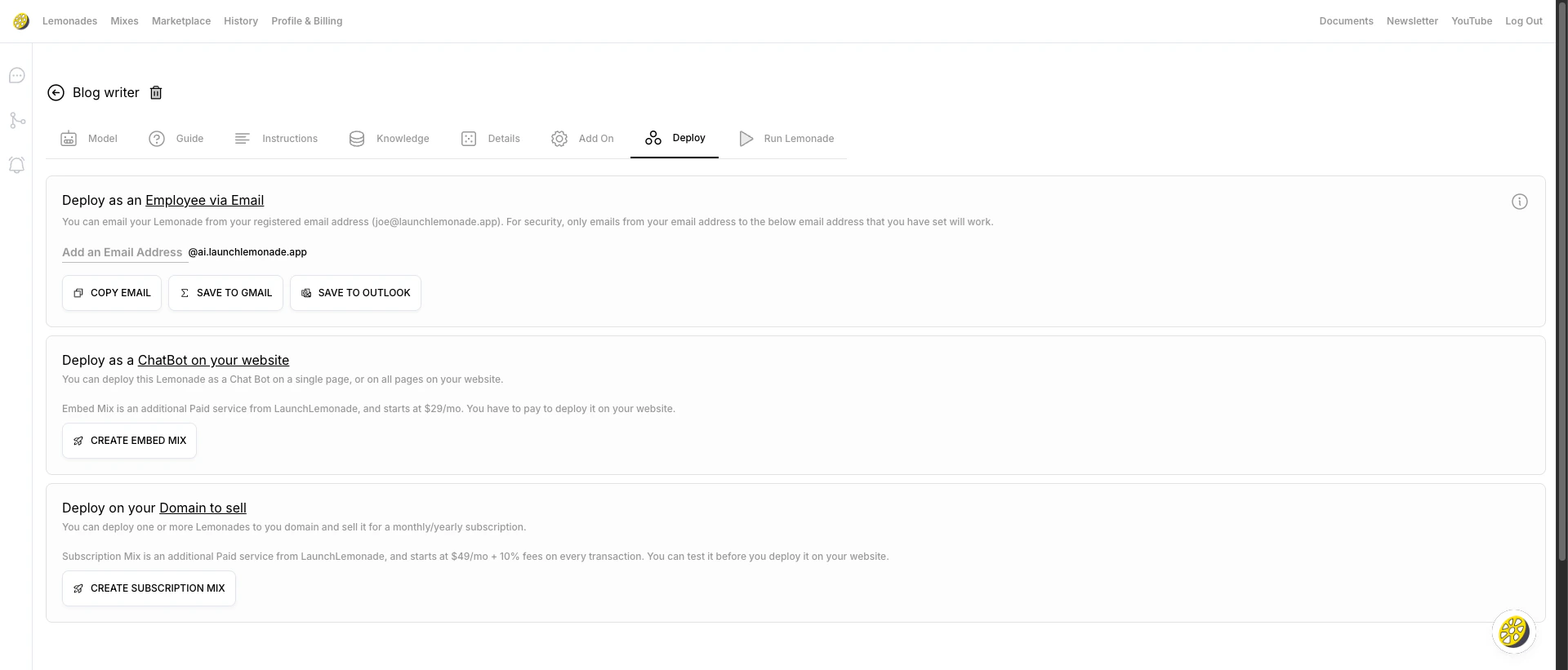 Deploy tab showing Email, Embed, and Subscription deployment options