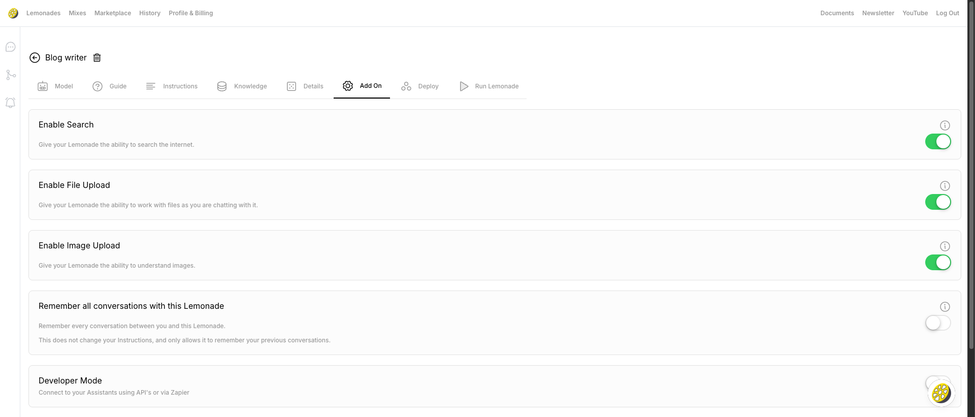 Add-Ons tab showing toggle switches for Search, File Upload, Image Upload, and more