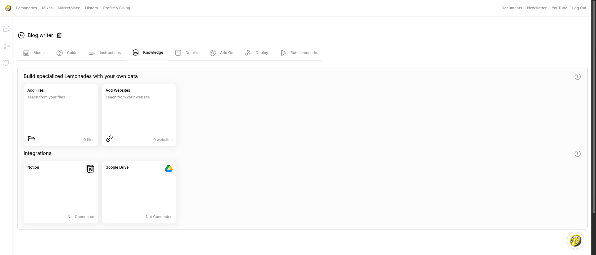 Knowledge tab showing Add Files, Add Websites, and integration options