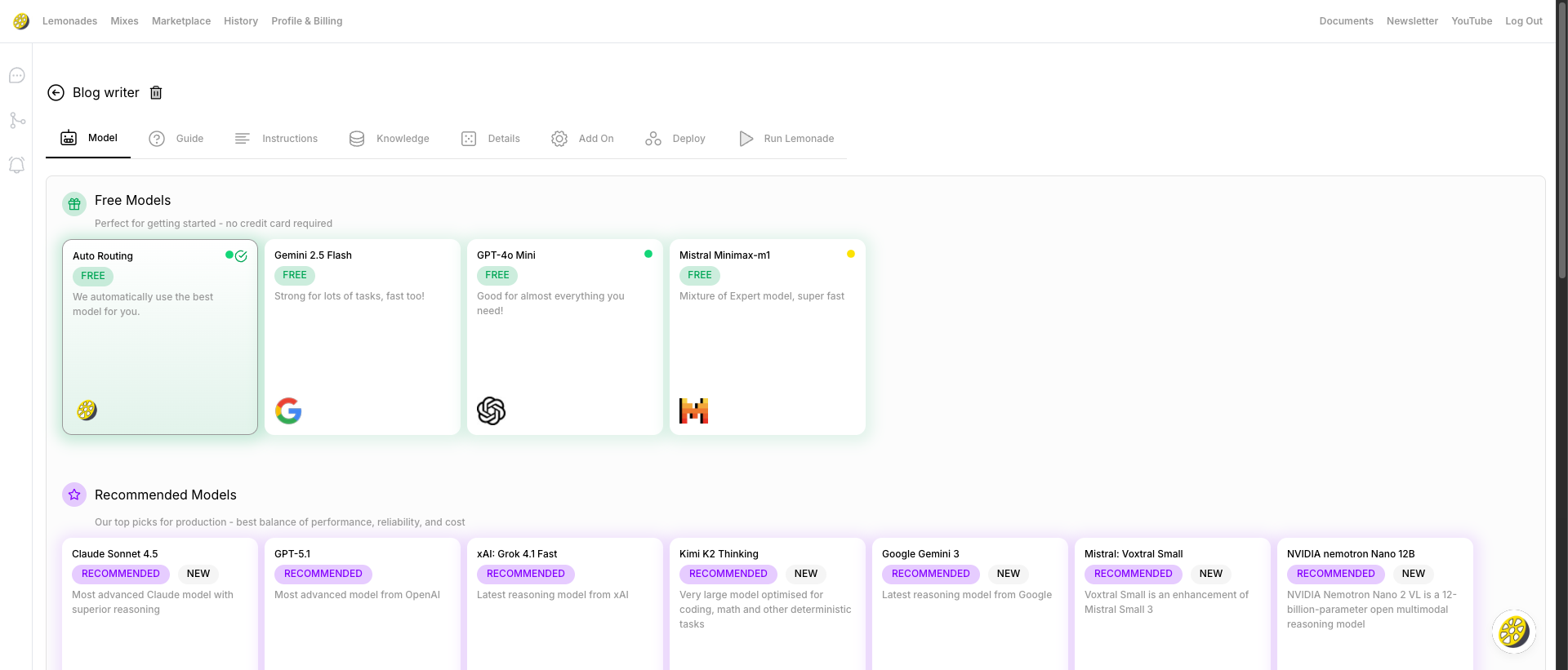 Lemonade Editor showing the Model tab with AI model selection options