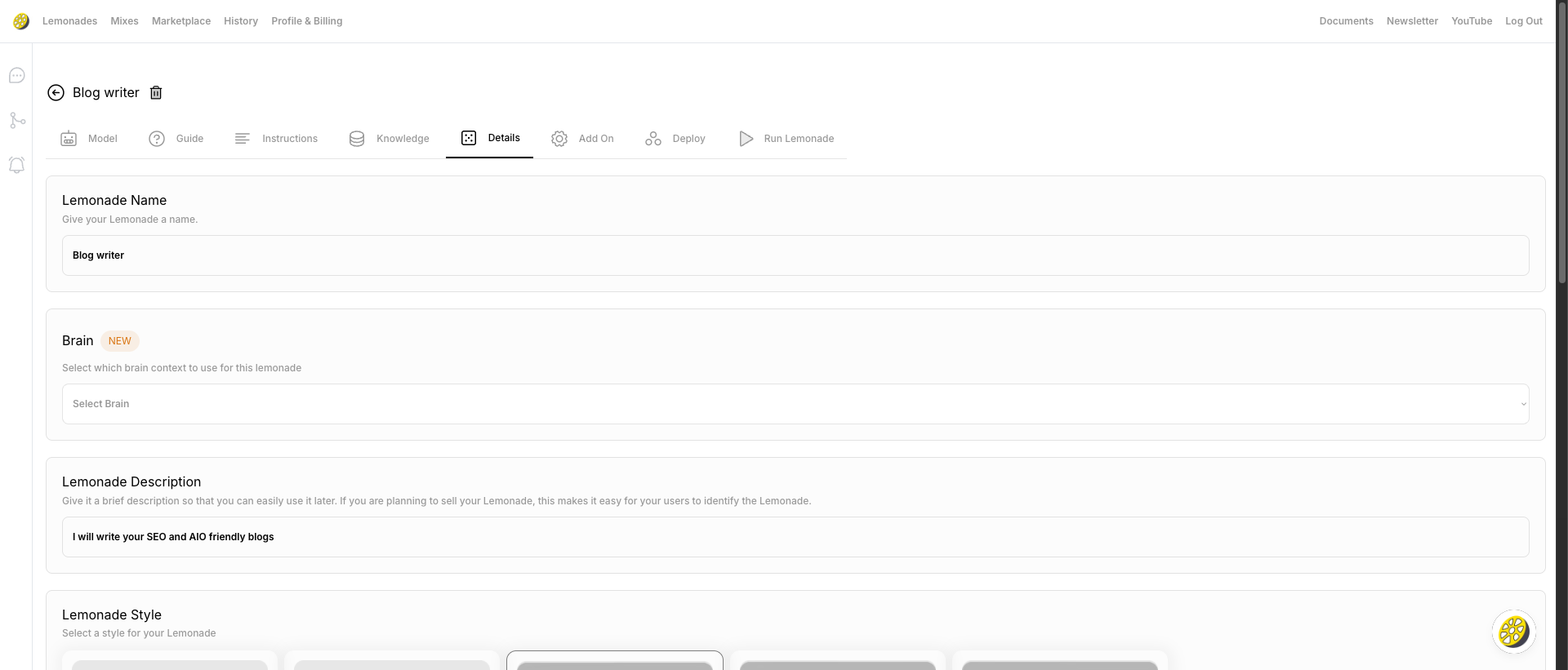 Lemonade Details tab showing the Brain dropdown to select which brain context to use