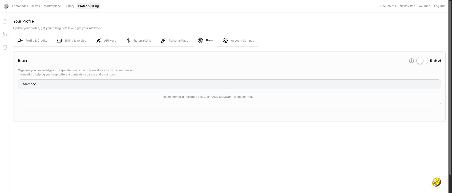 Profile & Billing page showing the Brain tab with memory options