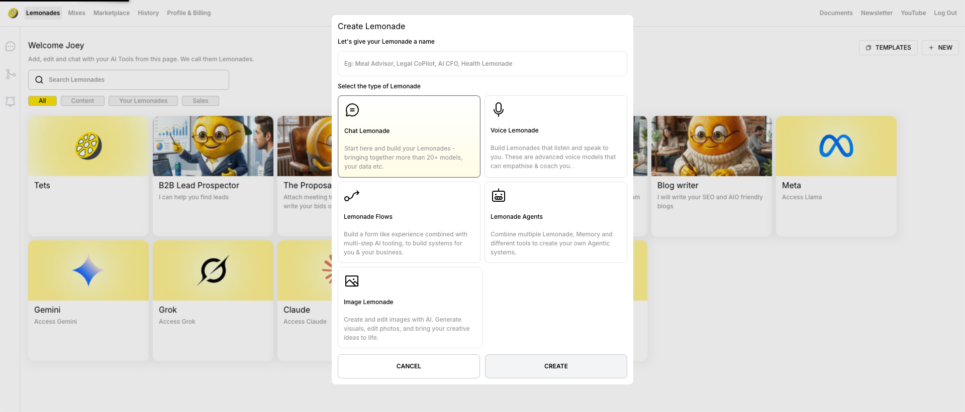 Create Lemonade popup showing name field and type selection options