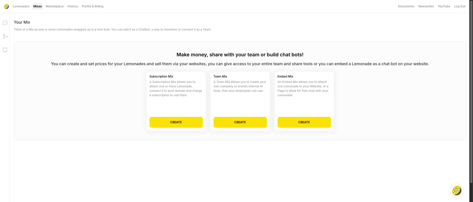 Mixes page showing Subscription Mix, Team Mix, and Embed Mix options