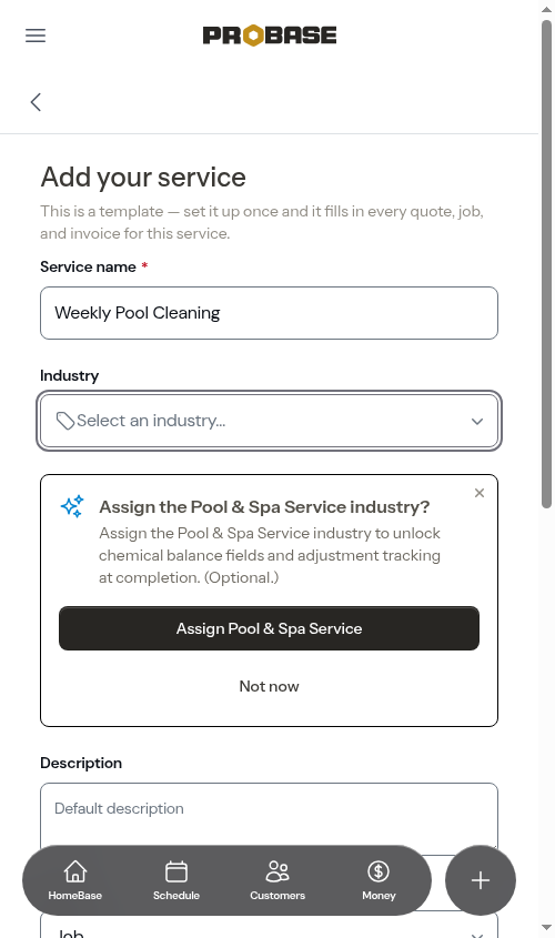 Suggested-industry prompt during service creation