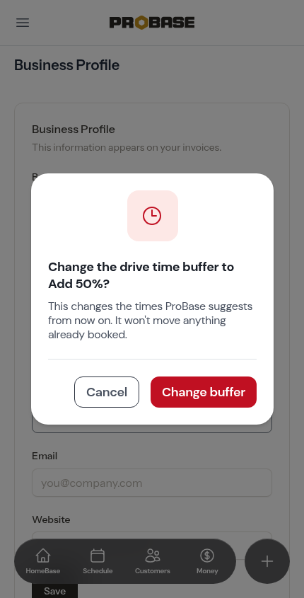 Confirming a change to the drive time buffer