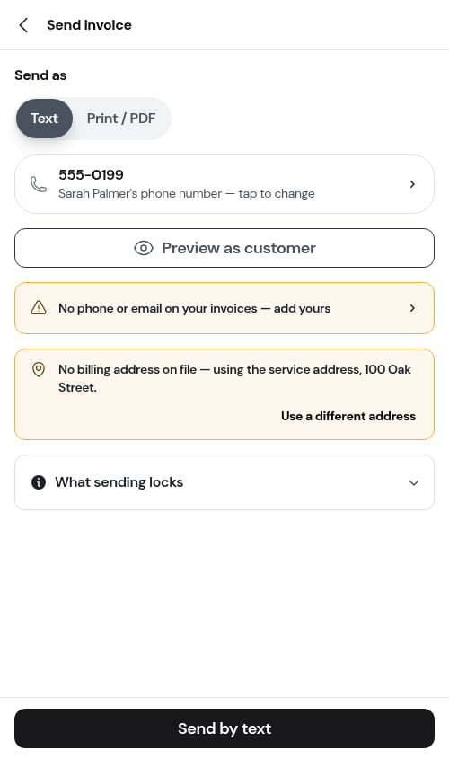 The Send invoice screen