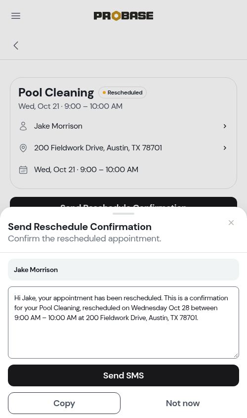 Send Reschedule Confirmation SMS modal