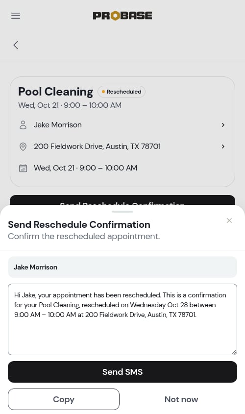 Send Reschedule Confirmation SMS modal
