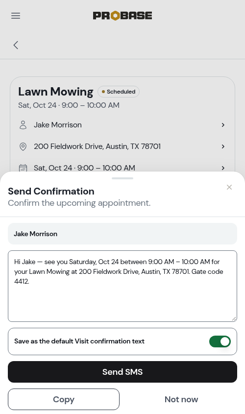The Send Confirmation sheet with the Save as default switch on