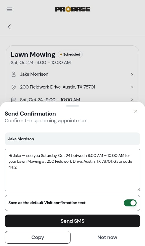 The Send Confirmation sheet with the Save as default switch on