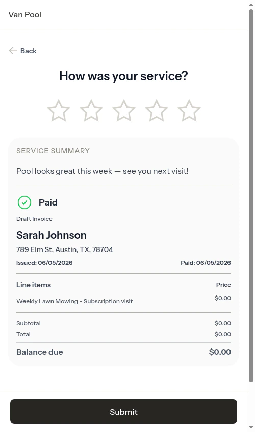 Service review screen for a completed visit
